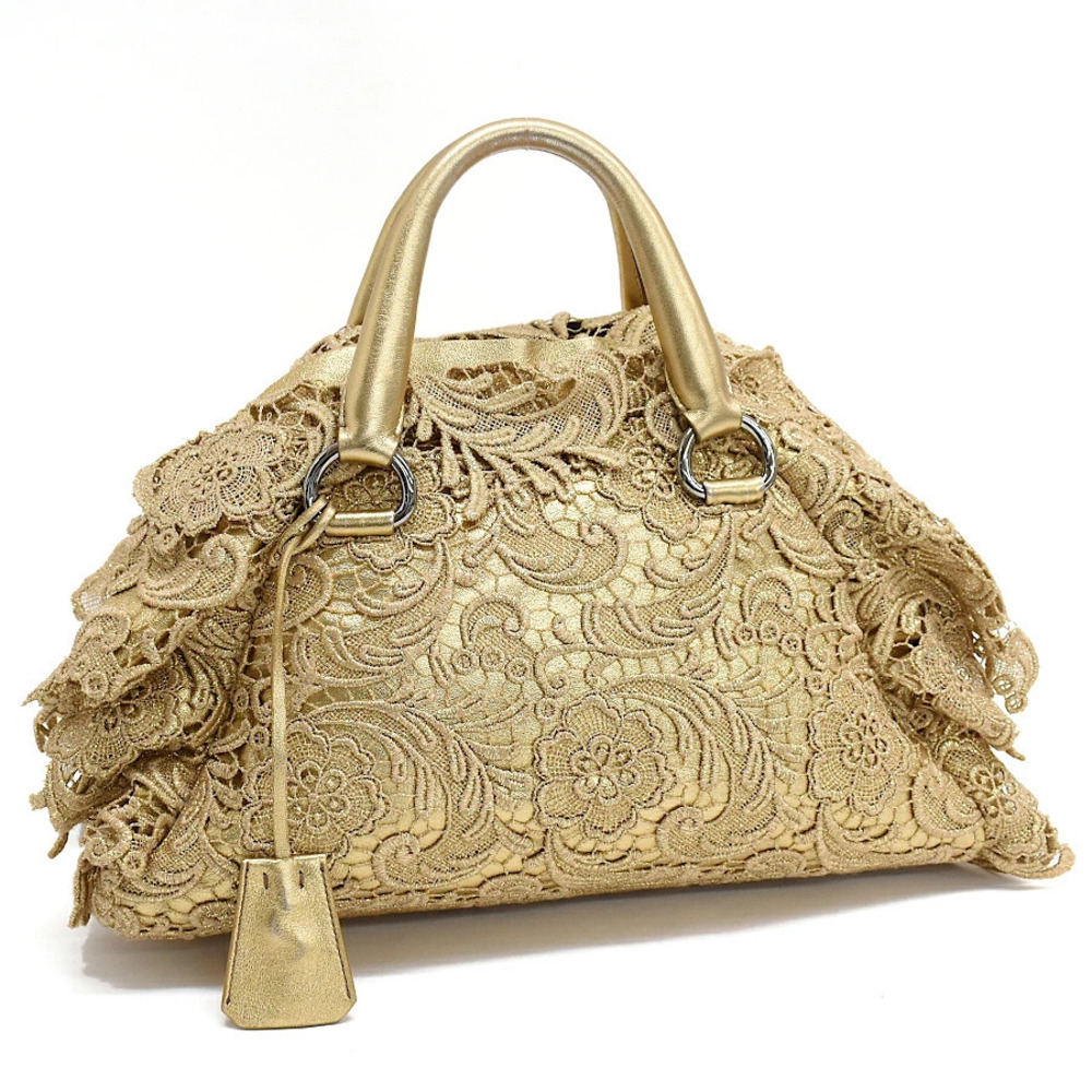 Prada Pizzo Handbag Lace Leather Gold Bag